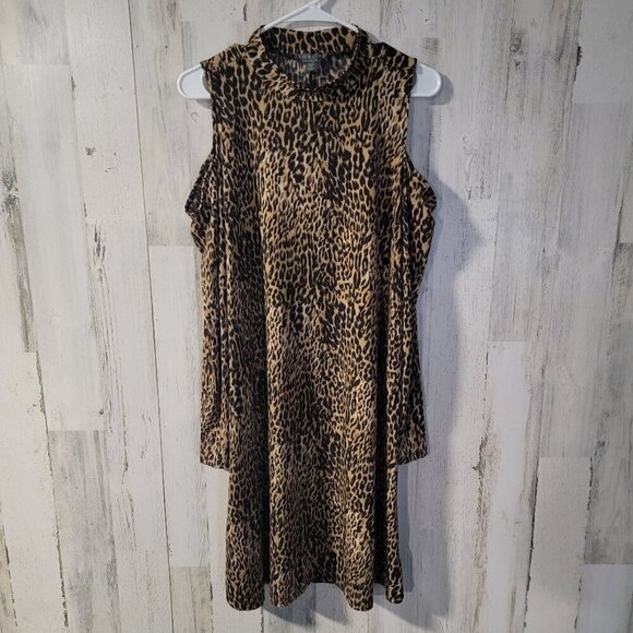 🧡NWT Highline Collective Leopard Print Cold Shoulder Mini Dress - Picture 1 of 7